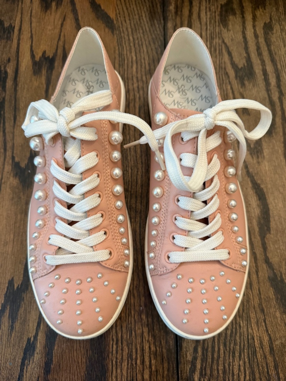 Stuart Weitzman Pink Leather Pearl-Embellished Sneakers